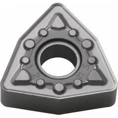 This Trigon (W) indexable turning insert features an 80° trigon shape with a molded chipbreaker for efficient chip evacuation. It is suitable for general turning, facing, and profiling operations on steel, stainless steel, and cast iron workpieces in medium to heavy roughing and finishing applications.