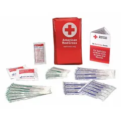 This portable first aid kit is housed in a red PVC case and serves up to 5 people. It contains 18 components, including 13 adhesive bandages and triple antibiotic ointment, but no wound dressings or oral medications. The kit is OSHA compliant and suitable for general-purpose use in settings such as workplaces, schools, or homes.