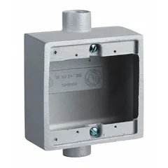 This iron weatherproof electrical box is designed for outdoor or wet-location installations requiring durable metallic protection. Square 2-gang configuration with 1/2 in hub size and 50 cu in capacity, finished in gray. Suitable for housing switches, receptacles, or controls in industrial environments.