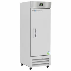 Upright pharmacy refrigerator with 23 cu ft capacity, white swing solid door opening right. Maintains 1°C to 10°C range, includes temperature alarm, uses R-290 refrigerant. Overall depth 34 7/8 in. Suitable for storing vaccines, medications, and biological samples in healthcare settings.