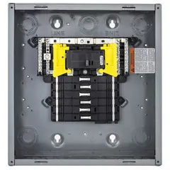 100 A main breaker load center for 120/240V AC, 1-phase systems. Provides 12 spaces and accepts up to 12 tandem breakers. Rated 22 kA short circuit current. Includes combination flush/surface cover for indoor use. Suitable for residential and light commercial electrical distribution.