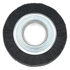 Crimped nylon deburring brush for removing burrs, sharp edges, and surface imperfections from machined parts, weld joints, and fabricated components in industrial metalworking. 3" diameter, 3/8" width, 1/2" to 3/8" arbor, 0.04" fill, 120 grit.