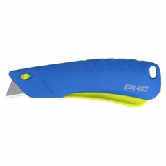 This automatic retracting utility knife features a textured blue plastic handle with a slide release button and a carbon steel pointed tip. The blade retracts automatically when not in use, enhancing safety. Suitable for cutting cardboard, tape, shrink wrap, and packaging materials in warehouses and industrial facilities.