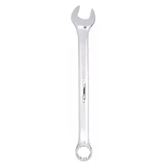 Chrome-finished alloy steel combination wrench with 3/4 in SAE 12-point box end and open end. Offset design improves access in confined spaces. Overall length 9 3/4 in. Used for tightening or loosening SAE fasteners in mechanical maintenance and repair tasks.