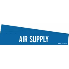 Blue adhesive pipe markers with white legend reading 'Air Supply', designed for pipes with outer diameter of 8 inches and larger. Each pack contains 5 markers without arrows. Used to identify compressed air or pneumatic supply lines in industrial piping systems.