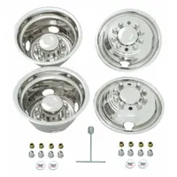 Stainless steel dual wheel simulator for 16-inch wheel diameters with 10-lug configuration. Provides a finished appearance and protects lug nuts on trucks and trailers
