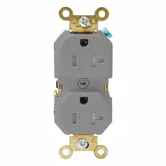 This duplex general purpose receptacle is rated 125V AC, 20A, with NEMA 5-20 configuration and 2-pole/3-wire grounding. The gray housing is suitable for commercial and industrial power distribution in offices, workshops, and light manufacturing areas requiring 20-amp outlets.