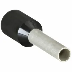 Insulated ferrule for terminating stranded wire into terminal blocks or clamps. Holds one conductor; black polypropylene insulation. Ferrule diameter 0.08 in. Suitable for use in industrial control panels and electrical distribution systems.