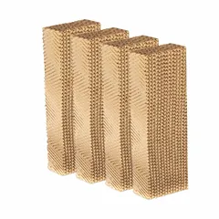 Cellulose-based evaporative cooling pads for agricultural and horticultural systems. Each pad measures 36 inches high, 12 inches wide, and 6 inches thick. Sold in a pack of 4. Used in greenhouses, livestock barns, and poultry houses to lower air temperature through water evaporation.