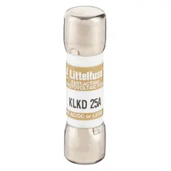 Fast-acting cylindrical fuse rated 25 A at 600 V AC and 600 V DC. Midget form factor with dimensions 13/32 in x 1 1/2 in. Used for overcurrent protection in industrial control panels, motor circuits, and power supplies.