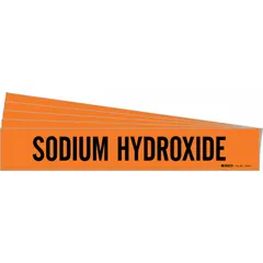 Adhesive pipe marker for identifying pipes carrying sodium hydroxide. Orange background with black legend text. Fits pipe outer diameters from 2-1/2 to 7-7/8 inches. Pack of 5 markers without directional arrows.