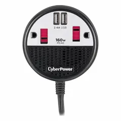 This power inverter converts 11 to 15V DC from a 12V DC auto power port into 120V AC at 60 Hz, providing 100 W continuous output through two outlets. Suitable for powering small electronics and portable devices in vehicles or remote locations.