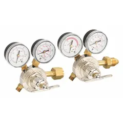Single-stage regulator set for reducing and stabilizing gas pressure from a cylinder to a consistent working level. Features a CGA 540 inlet connection and 9/16"-18 M LH/RH outlet. Neoprene diaphragm construction. Suitable for welding, cutting, and industrial gas distribution systems.