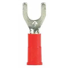 Insulated fork terminal from the 3M MVU18 series. Features a red vinyl insulation, butted barrel, and accommodates 22 AWG to 18 AWG wire. Rated 600 V and fits #10 stud size. Used for secure electrical connections in control panels, machinery, and power distribution.