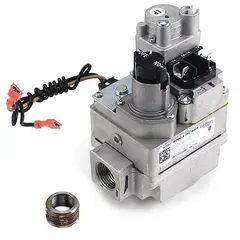 This gas valve controls gas flow in gas-fired water heaters and boilers. It regulates burner operation and provides gas pressure control and shutoff. Suitable for use in HVAC and plumbing systems as a replacement part.