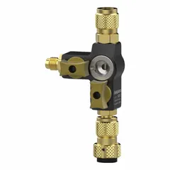Aluminum valve core remover for evacuation applications in refrigeration and HVAC systems. Features a 1/4 in Male SAE Right-Hand connection and an integrated sight glass for flow monitoring. A2L compatible.