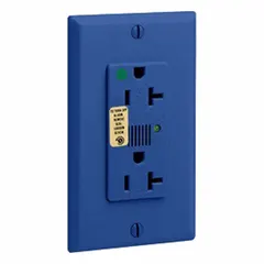 This LEVITON duplex receptacle is a hospital-grade device with NEMA 5-20R configuration, rated 125V AC and 20A. It features a 2-pole, 3-wire design and is color-coded blue. Typical applications include general purpose power distribution in healthcare facilities, clinics, and laboratories.