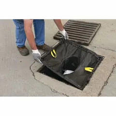 Frameless insert street drain filter for capturing debris, oil, and sediment from stormwater runoff. Measures 60 in L x 60 in W x 60 in H with a maximum flow rate of 500 gpm. Suitable for use in municipal, industrial, and construction site drainage systems.