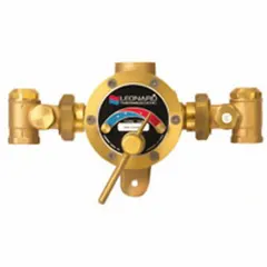 Thermostatic mixing valve for blending hot and cold water to a set outlet temperature. Includes check-stops. Outlet connection size: 1 in. Suitable for point-of-source applications where precise water temperature control is required.