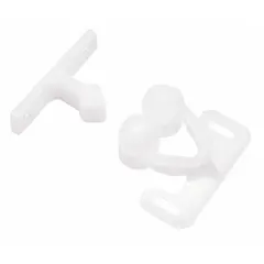 Plastic grab-type catch with pull opening action. Measures 7/16 in height and 1 1/8 in width. Used to secure cabinet doors, panels, and enclosures in industrial and commercial applications.