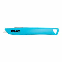 Automatic retracting utility knife with a non-changeable ceramic rounded tip blade. Features a textured blue plastic handle, 6-inch overall length, and 1/2-inch overall width. Sold in a pack of 10. Suitable for cutting tape, opening boxes, and trimming packaging materials.