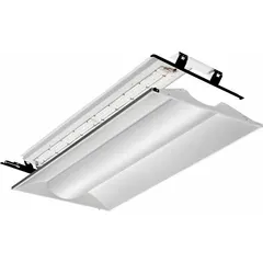 This LED center-basket troffer retrofit kit is designed to upgrade existing 4 ft by 2 ft fluorescent troffer fixtures to LED technology. It delivers 5090 lumens at 3500K color temperature, consumes 39.1 watts, and operates on 120/277V AC. The kit accommodates three T8 lamps and is suitable for commercial and industrial applications such as offices and warehouses.