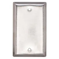 Blank cover made of stainless steel for single-gang square electrical boxes. Used to seal unused box openings, protecting wiring from dust and debris in industrial installations