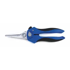These spring-assisted shears feature straight, rounded stainless steel blades with an 8-inch overall length. The blue handle and right-hand orientation support cutting tasks such as trimming cardboard and similar sheet materials in workshop environments.