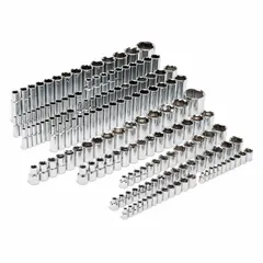 This 163-piece socket set includes 1/4 in, 3/8 in, and 1/2 in drive tools with deep 6-point sockets ranging from 5/32 in to 1-1/2 in. Sockets feature a friction ball retention mechanism. Suitable for fastening and loosening bolts and nuts in automotive repair, industrial maintenance, and mechanical assembly.