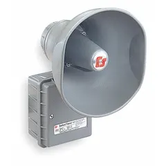 The FEDERAL SIGNAL AM15 is a powered 1-way horn speaker with 8 ohm impedance and an 8-inch overall width. Designed for indoor use, it projects clear audio for paging, public address, and alarm systems in industrial and commercial settings.