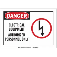 Polyester adhesive sign warning that only authorized personnel may enter electrical equipment areas. Nominal size 3 1/2 in x 5 in. Not retroreflective and does not glow in the dark. Applied directly to surfaces to restrict access and meet workplace safety labeling requirements.