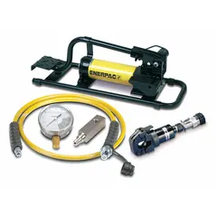 Self-contained hydraulic cutter set comprising a foot pump and guillotine head, rated for 10,000 psi with STC technology. Designed for cutting 1/2 in rebar, .63 steel wire rope, and EHS guy strand. Suitable for construction, demolition, and utility maintenance applications.