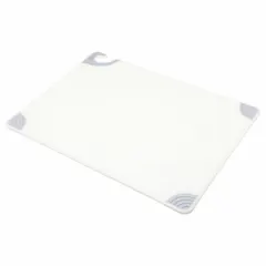 This white co-polymer cutting board measures 18 inches wide by 24 inches long. It is NSF Certified for sanitation compliance in commercial food preparation settings. The material resists knife scarring and bacterial growth, suitable for high-volume kitchen use.