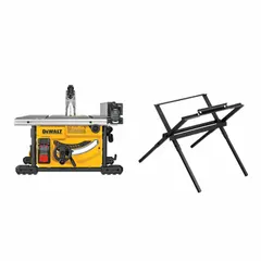 Portable table saw with folding stand for job-site cutting of lumber and sheet goods. Features 15 A motor, rip capacity from 12 1/2 in left to 24 1/4 in right, and bevel range of -2° to 47°. No automatic blade safety retraction.
