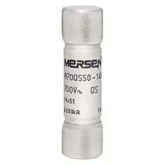 Fast-acting bolt-on fuse from the A70QS series, rated 50 A, 690 V AC, and 700 V DC. Provides overcurrent protection for power electronic circuits such as variable frequency drives, rectifiers, and UPS systems. Designed for AC/DC applications to safeguard sensitive semiconductor devices.