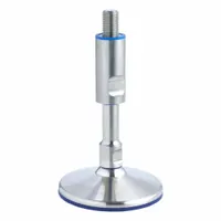 Hygienic male leveling mount with M12 thread, 80 mm length, and 16 kN load capacity. Round base with 19 mm sleeve hex. Includes adjustable sleeve with FDA-compliant wiper and sealing ring. Used for leveling and stabilizing equipment in sanitary environments