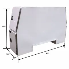 This four-door backpack truck box features an offset base and is constructed of silver aluminum. It measures 65 inches in overall depth and 24 inches in overall height, providing storage for tools and equipment in service trucks. The keyed T-handle compression latch system secures the contents.