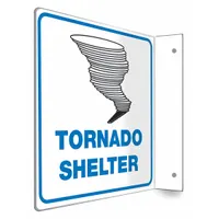 L-Shape Projection Tornado Shelter Sign with 8 in x 8 in nominal size, made of PETG. Features mounting holes for installation. Not retroreflective and does not glow in the dark. Used to indicate tornado shelter locations in facilities