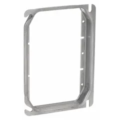 Steel plaster ring with a raised cover design. Overall length 5.88 in, width 4.06 in, raised height 3/4 in. Used to extend an electrical box flush with finished wall surfaces such as drywall or plaster, accommodating thicker wall finishes for proper device mounting.
