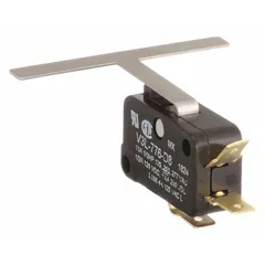 This limit switch is a replacement component for ice machines, used to detect the position of moving parts such as ice harvesters or bin levels. It helps ensure proper machine cycling and safety shutdown during operation.