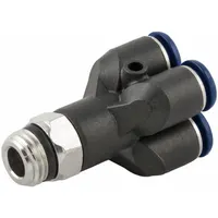 This AIGNEP wye fitting is made of nylon and nickel-plated brass, with three 1/4 in OD ports and an overall length of 1 7/8 in. It is used to create branch-line connections in pneumatic or fluid systems, such as splitting or combining flow in compressed air, water, or low-pressure fluid circuits
