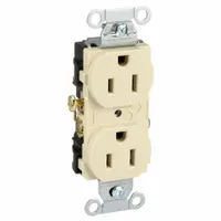 General-purpose duplex receptacle with NEMA 5-15 configuration, rated 125V AC and 15 A. Features 2 poles and 3 wires in an ivory finish. Suitable for residential, commercial, and light industrial wall outlet installations