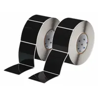 Polyester label roll with black gloss finish, precut to 3 1/2 in x 3 in. Each roll contains 250 labels. Compatible with THT printer series. Used for industrial identification and raised panel marking applications