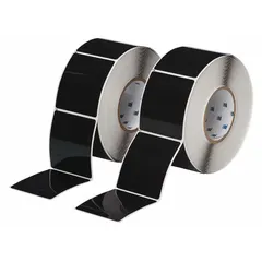 Polyester label roll with black gloss finish, precut to 3 1/2 in x 3 in. Each roll contains 250 labels. Compatible with THT printer series. Used for industrial identification and raised panel marking applications.