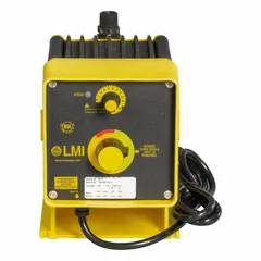 This compact solenoid-driven diaphragm metering pump operates on 115V AC and features a PVC head, PTFE diaphragm, PVDF/Polyprel seals, ceramic check balls, and PVC fittings. It offers a 1000:1 turndown ratio and reproducibility of ±1.0%. Typical applications include precise chemical dosing in water treatment, industrial processing, and chemical injection systems.