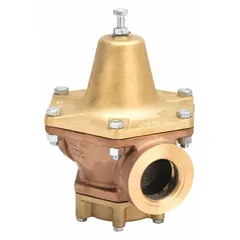 This bronze pressure regulator reduces and stabilizes inlet pressures between 90 psi and 150 psi to a consistent downstream pressure. It features 1 1/2 inch FNPT connections and a maximum operating temperature of 180°F. Suitable for water, air, or non-corrosive fluid systems in commercial plumbing, irrigation, and industrial process lines.