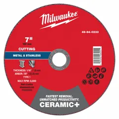 Ceramic abrasive cut-off wheel for carbon and stainless steel. Type 1 design, 7" diameter, 1/16" thickness, 7/8" arbor, 46 grit. Used in metal fabrication, maintenance, and construction for fast, cool cutting.