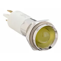 Yellow LED indicator pilot light with protruding head for panel mounting. Features a 12 mm mounting hole diameter and 0.11 Male Quick Disconnect electrical connection. Used on industrial control panels and machinery to indicate operational status or warnings.
