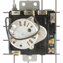 Replacement timer for Whirlpool washing machines and dryers. Controls wash and dry cycles, sequencing fill, agitate, drain, and spin operations. OEM part.
