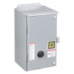 Enclosed non-reversing magnetic motor starter for three-phase motors. NEMA Size 2, 45 A, 480V AC coil, 3 poles. Screw clamp terminals. Requires three melting alloy thermal units (not included). No operator, pilot light, or auxiliary contacts. Used for starting and stopping motors in applications such as conveyors, pumps, and compressors.
